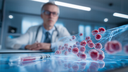 Scientist in laboratory observes digital representation of cells and syringe, symbolizing medical research and innovation. scene conveys futuristic and clinical atmosphere