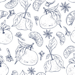 Seamless illustration, hand drawn line art graphics with tangerines, leaves, slices and spices. This festive ink pattern is great for packaging, gift boxes and holiday surface decoration
