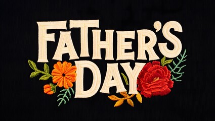 Embroidered Fathers Day Design Featuring Flowers on Black Fabric Background