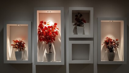 White wall niches with potted plants