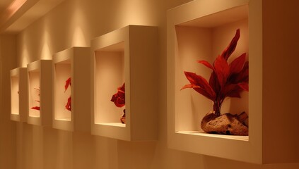 Recessed wall displays with red plants
