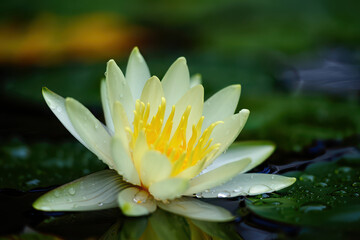 Beautiful yellow and white water lily flower with dew drops on its petals, blooming in a tranquil pond with green leaves