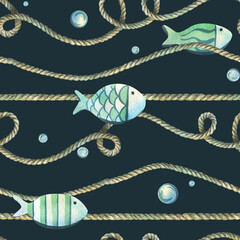 Wavy ropes with swimming fish and scattered bubbles on navy background. Hand-painted watercolor illustration. Seamless pattern for packaging, wallpaper and textiles.