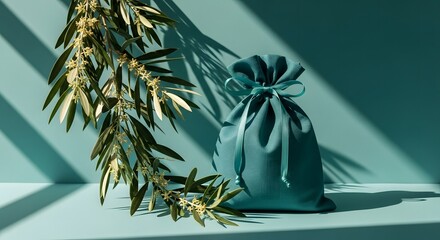 Elegant Teal Gift Bag with Olive Branch for Sophisticated Product Presentation and Branding