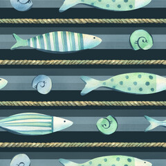 This seamless hand-painted watercolor illustration features playful fish and spiraled shells between horizontal ropes on a deep sea background, creating a vibrant marine rhythm.