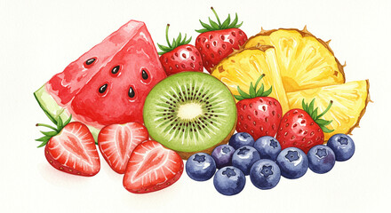 水彩で描かれたカラフルな季節のフルーツボウル