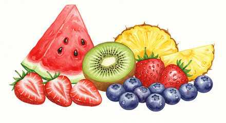 水彩で描かれたカラフルな季節のフルーツボウル