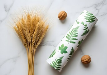 Elegant Still Life of Wheat, Nuts, and a Leafy Container