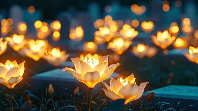 A serene scene of glowing lotus flowers in a tranquil setting, surrounded by soft bokeh lights, creating a peaceful and reflective atmosphere.
