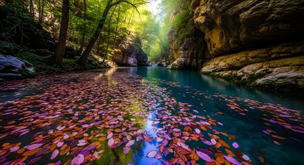 Autumnal River Scene Sunlight Shines Through Leaves on Trees and Colorful Leaves Float