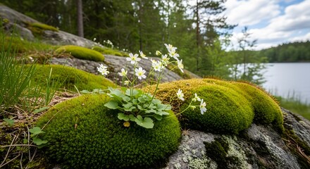 Delicate White Flowers Bloom on Mossy Rock Lakeside Scene