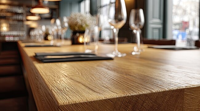 Close-up of a light-colored wooden restaurant table, set for diners.  Glasses, menus, and floral arrangement are visible.  Blurred background shows a restaurant interior