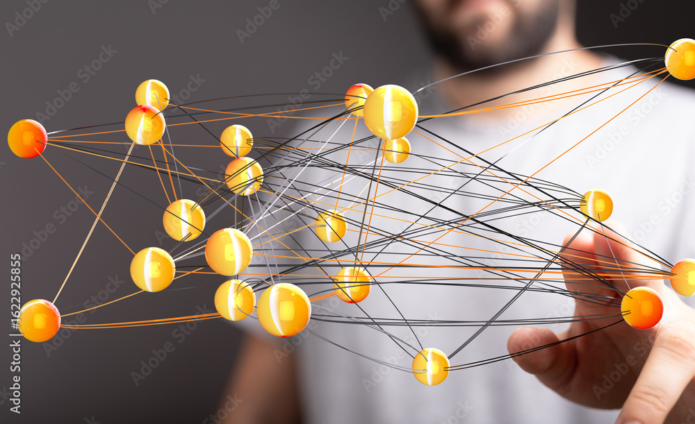 Poster abstract image of interconnected nodes, representing global data flow, network, or connections.