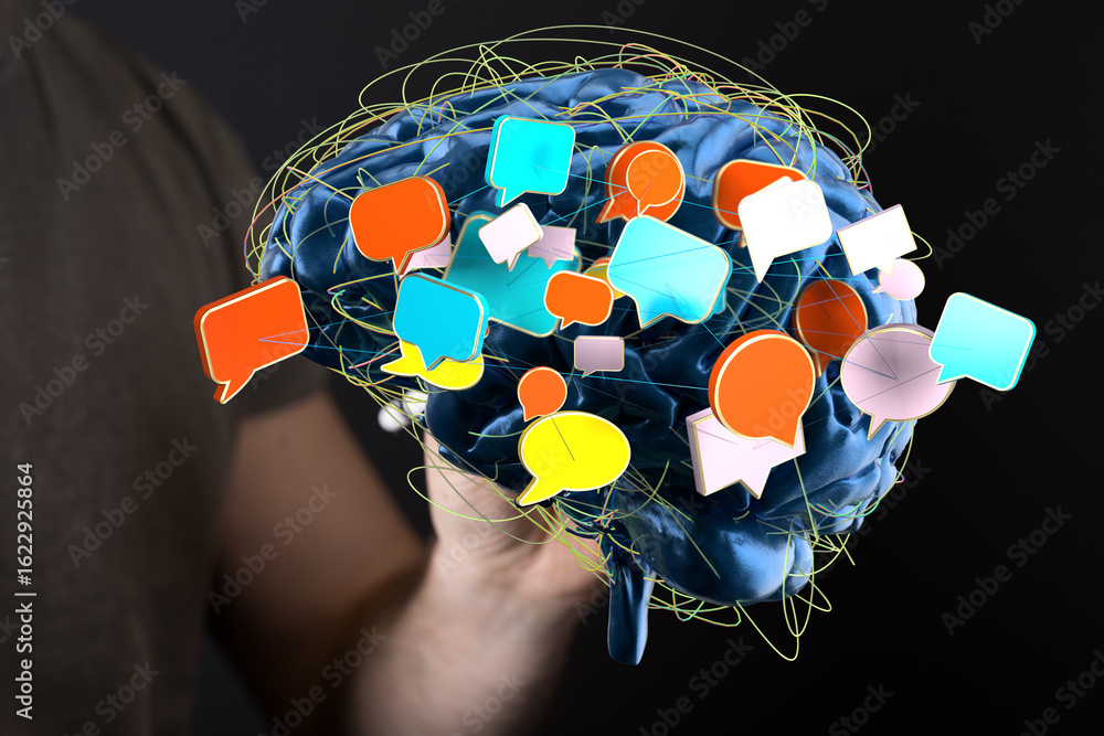 Poster abstract image of a brain with colorful speech bubbles, representing communication, ideas, and thoug