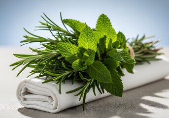Fresh Mint and Rosemary Sprigs on a White Cloth Roll