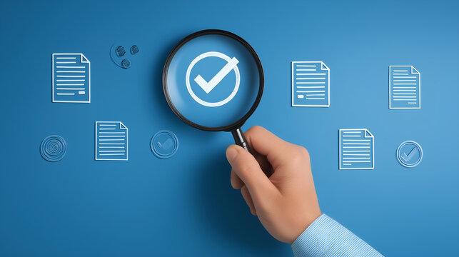 Review and Approval: A magnifying glass hovers over a document, symbolizing meticulous review and approval processes within a sleek, professional business context.
