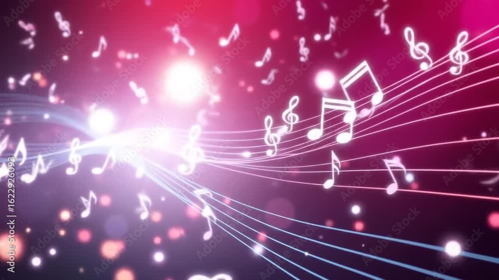 Poster energetic musical background with flowing notes and sparkling lights animation