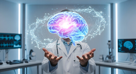 Scientist with holographic digital brain and advanced data visualization, analyzing health data