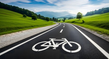 Scenic Road Through Green Hills with Bicycle Lane and Mountain Views