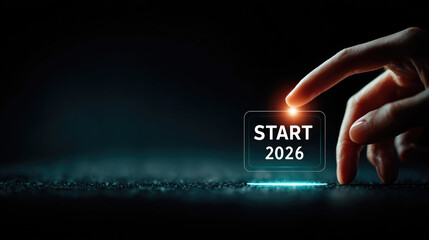 Futuristic button glowing with START 2026 text