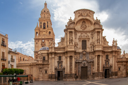 Cathedral Church of Saint Mary and the square Plaza del cardenal Belluga in Murcia, Spain