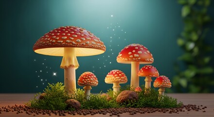 Amanita Muscaria Mushrooms Displayed with Moss and Wood Tabletop Magic