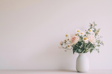Naklejka premium Simple elegant flower vase with roses and daisies on table against empty white wall, close-up capturing soft complementary colors and delicate details