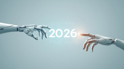 Futuristic robotic and human hands reaching 2026