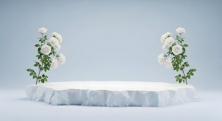 Elegant Presentation Display Featuring a White Rock Podium and White Roses Against Soft Blue