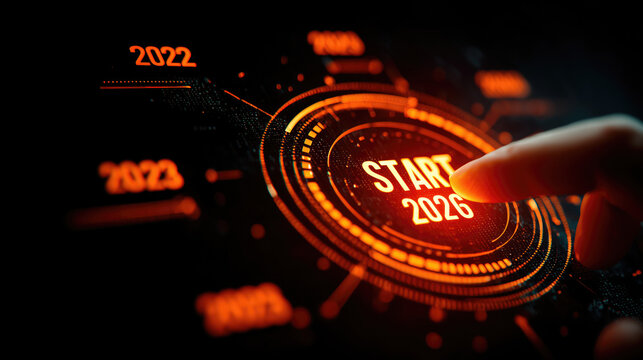 Futuristic interface with glowing start button