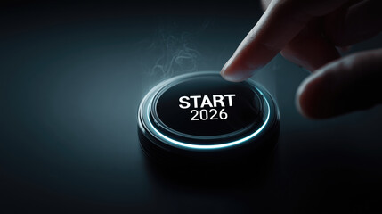 Futuristic button glowing with START 2026 text