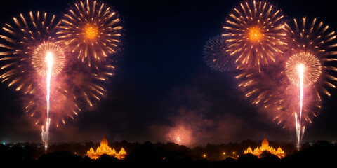 Magnificent Fireworks Display Above Illuminated Temple Against Night Sky