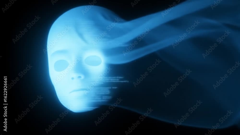 Poster ethereal digital ghost face animation with flowing code and dark background