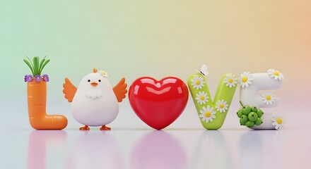Whimsical 3D Render of Love with Carrot Letter Chicken Heart and Flowers
