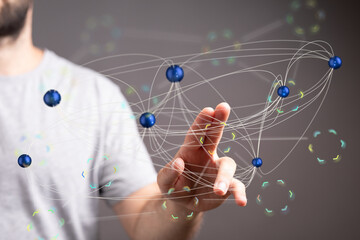 Abstract image of a hand interacting with a digital network. Ideal for tech, connectivity, and global concepts.