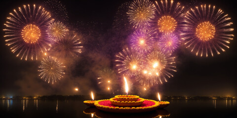 Magnificent Fireworks Display Above Illuminated Temple Against Night Sky