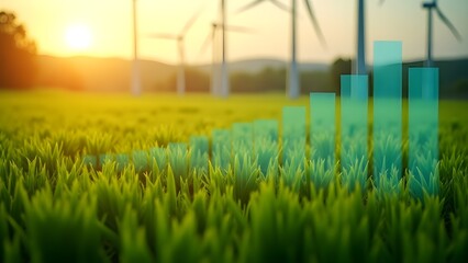 A sunset over a green field with wind turbines, featuring digital data overlays to symbolize renewable energy and technology integration