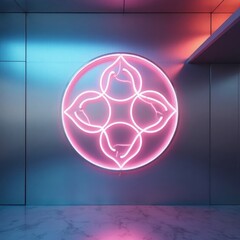Pink neon floral emblem on metallic wall circular