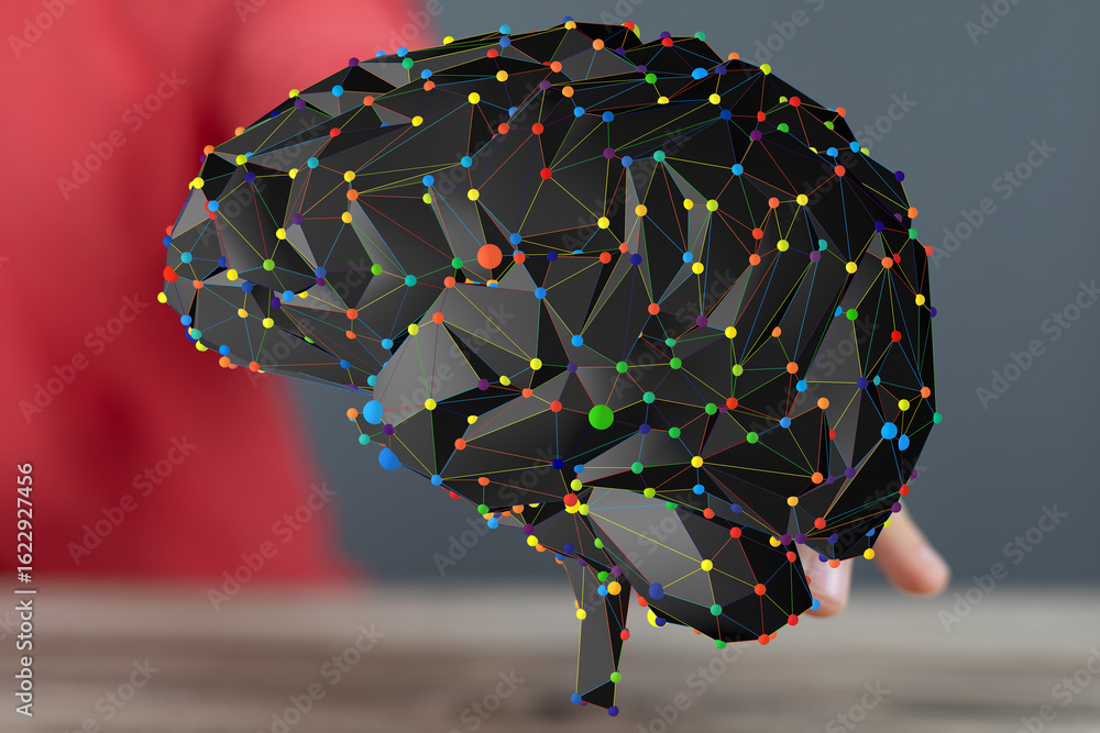 Poster stock photo of a 3d polygonal brain model representing neural networks and ai. perfect for technolog