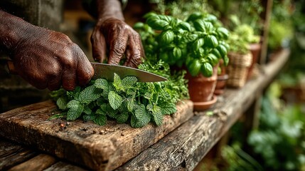 Obraz premium Hands chopping herbs