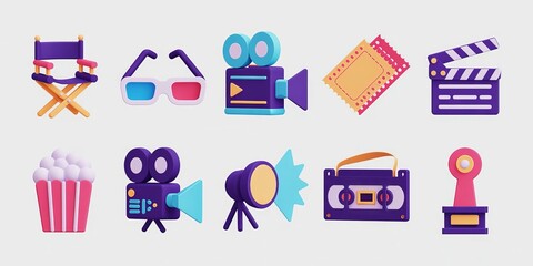Set of 10 3D cinema and movie icons on a white background, ideal for film festival promotions and streaming service