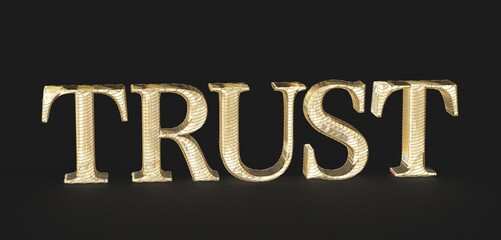 High-quality stock photo of the word TRUST in gold letters on a black background. Perfect for business, finance, and trust concepts.