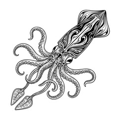 A stylized black and white line art illustration of a squid with intricate, swirling patterns.