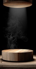 Wooden podium with spotlight and smoke