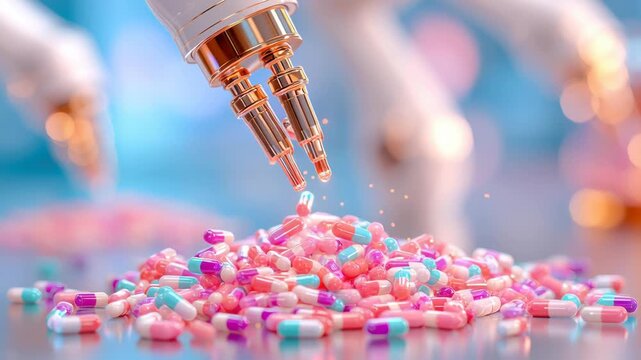 A robotic hand delicately picks up colorful capsules from a vibrant pile, showcasing the intersection of technology and pharmaceuticals.