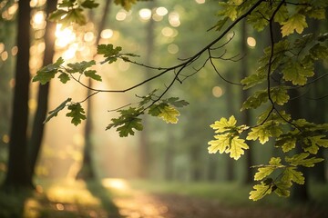 Obraz premium Oak Leaves Glowing in Forest Sunlight