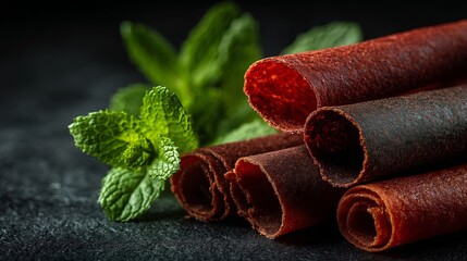 Rolled Fruit Leather with Fresh Mint Leaves