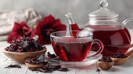 Refreshing Hibiscus Tea with Dried Flowers and Teapot