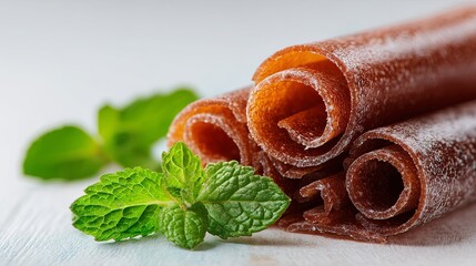 Rolled Fruit Leather with Fresh Mint Leaves