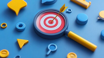 Bullseye Concept with Magnifying Glass and Arrow